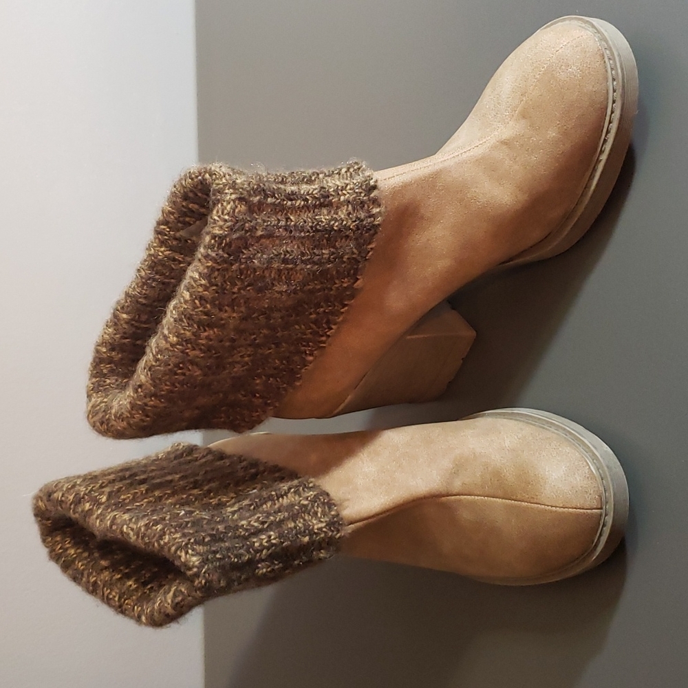 Tan Block Heeled Faux Leather Sweater Ankle Boots